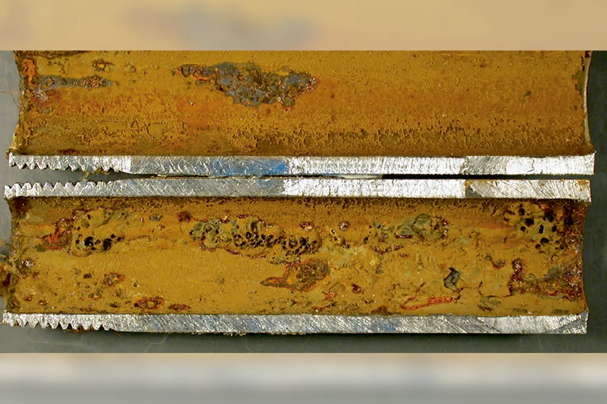 Monitoramento remoto de aquecimento e resfriamento: corrosão em um tubo de retorno de água fria de aço.