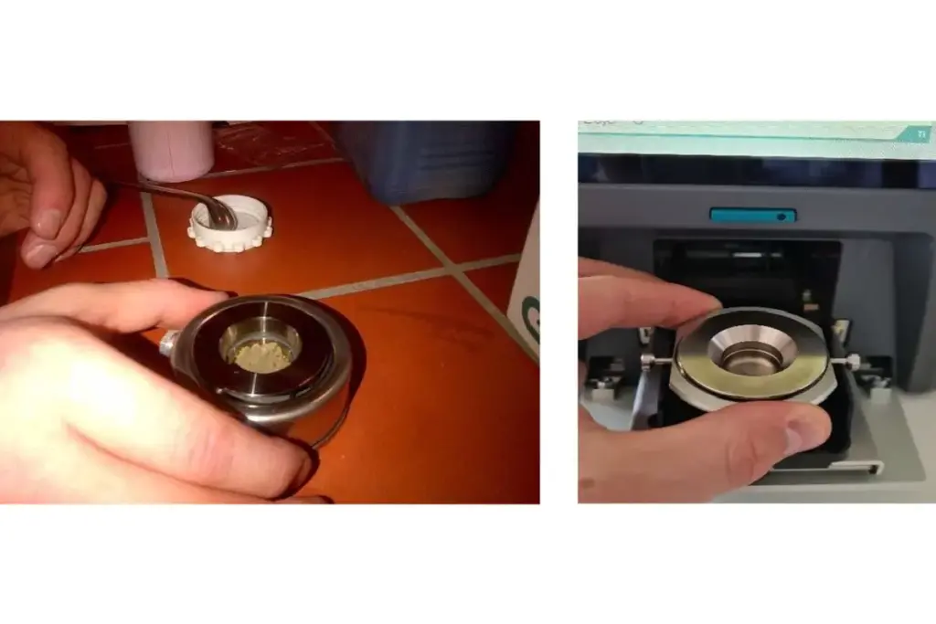 Amostra sólida preparada no copo de ensaio para medição de ponto de fulgor